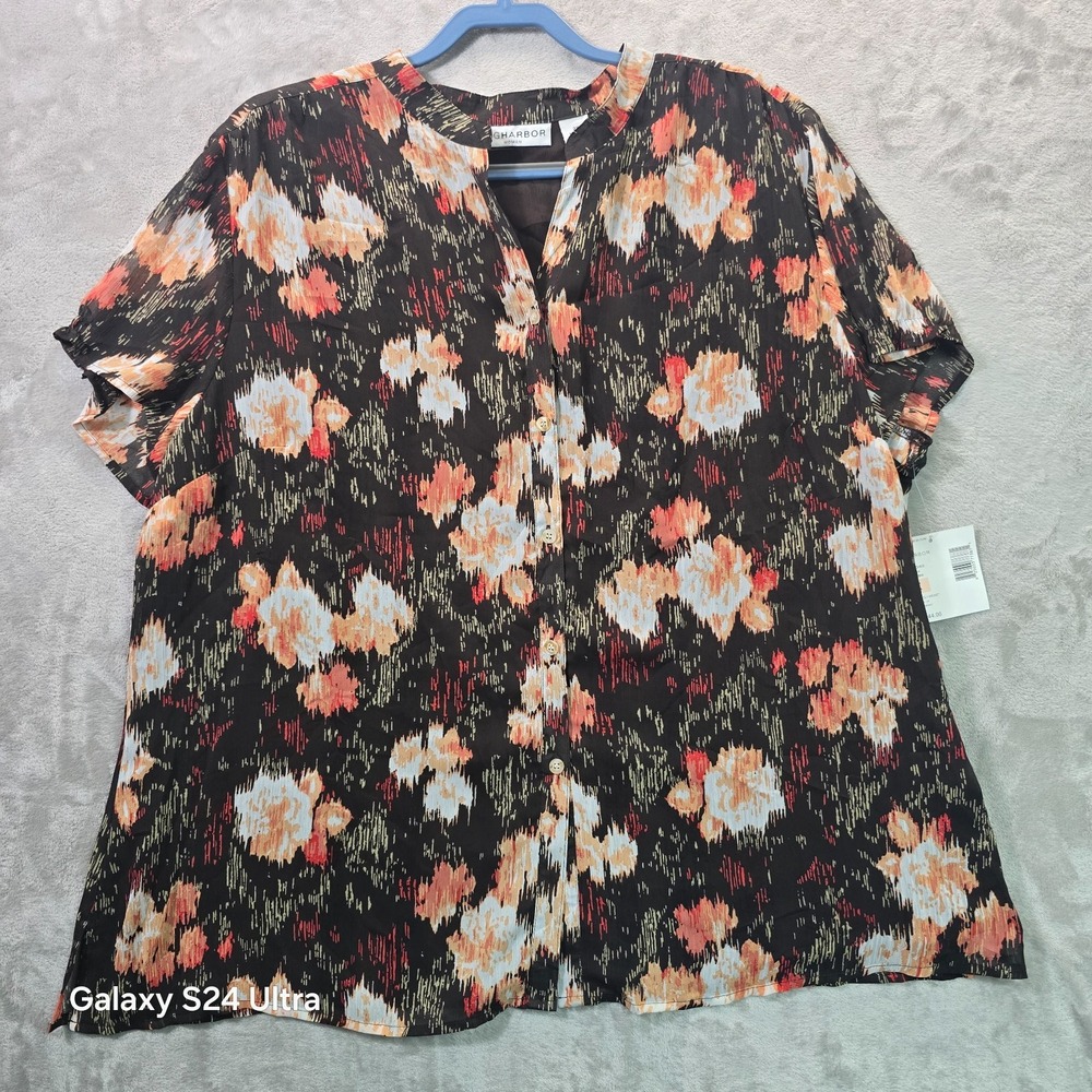 Sag Harbor Blouse Top Womens 2X Multicolor Floral Short Sleeve Button Front